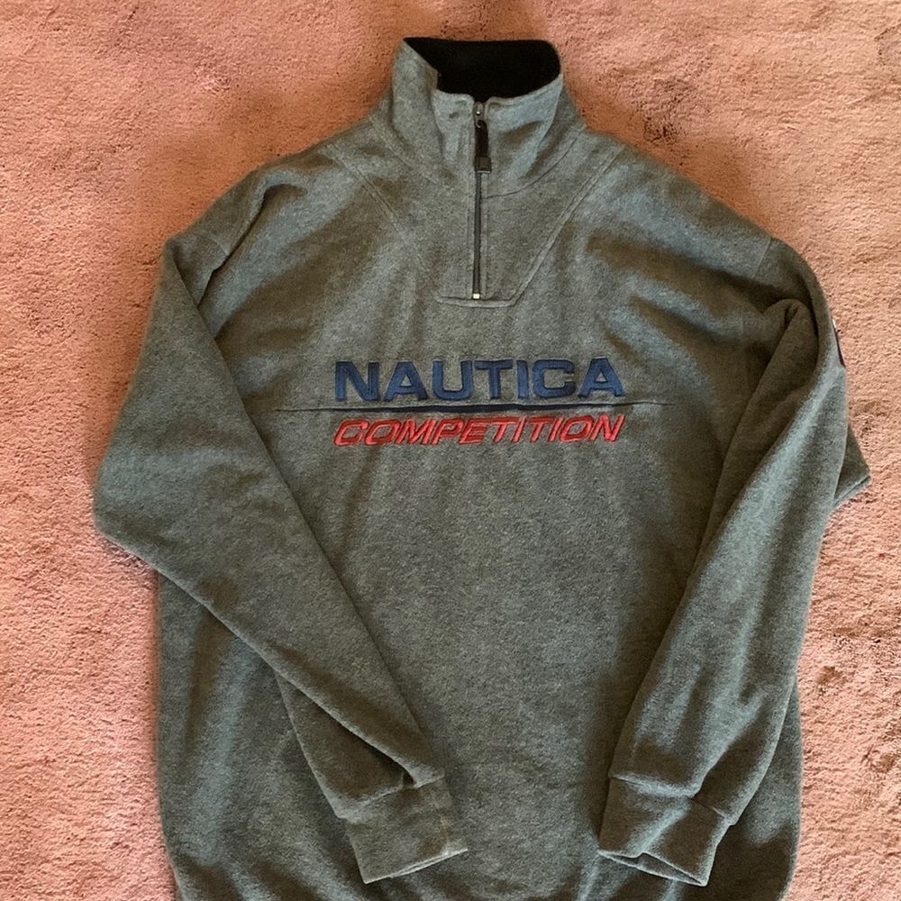 Nautica Competition Mens XL Vintage Quarter Zip Fleece Pullover Gray Logo 90s
